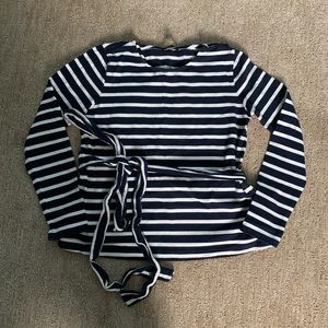 J Crew Navy White Striped Front Tie Boat Neck Top